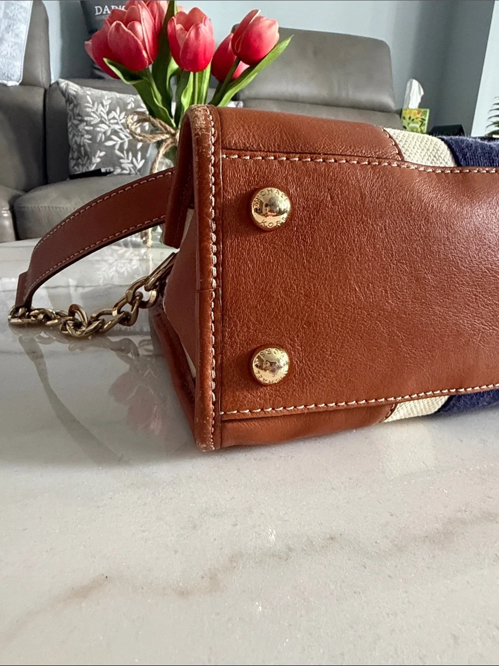 Michael Kors Cream & Navy Stripe Canvas Satchel with Tan Trim